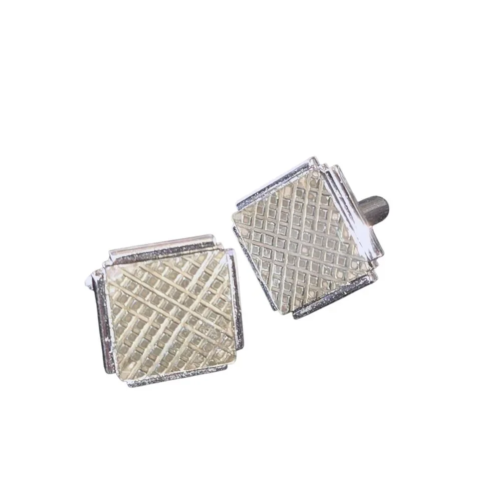 Swank Signed Charcoal Grid Cut Stone Inlaid Silver Tone‎ Cuff Links 0.75